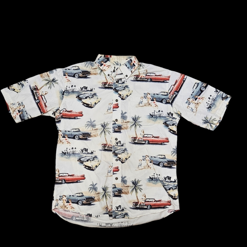 RedHead Button Down Mens Size Medium Short Sleeve Full Print Classic Cars Beach